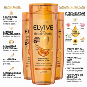 Elvive Pack 3 Shampoo Óleo Extraordinario Nutrición (370ml c/u) - Nutrición Profunda y Brillo Infinito