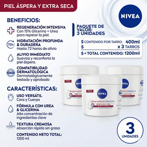 Nivea Pack 3 Crema Corporal Regeneración Intensiva 15% Urea (400ml c/u) - Alivio Profundo y Reparación Extrema