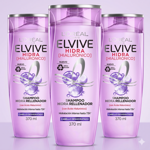 Elvive Pack 3 Shampoo Hidra Hialurónico (370ml c/u) - Hidratación Profunda 72h y Cabello Ligero