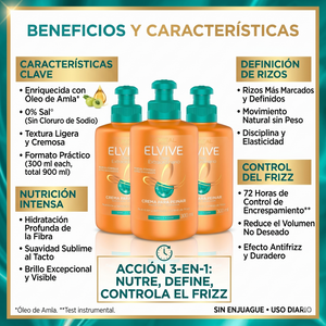 Elvive Pack 3 Crema para Peinar Óleo Extraordinario Rizos (300ml c/u) - Definición Elástica y Control Frizz