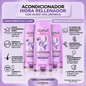 Elvive Pack 3 Acondicionador Hidra Hialurónico (370ml c/u) - Desenredo Ligero e Hidratación 72h