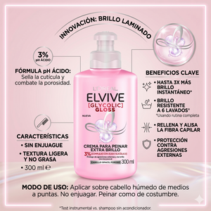 Elvive Pack 3 Crema para Peinar Glycolic Gloss (300ml c/u) - Brillo Espejo y Control Frizz Prolongado