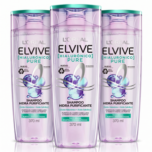 Elvive Pack 3 Shampoo Hialurónico Pure (370ml c/u) - Raíces Purificadas y Puntas Hidratadas 72h