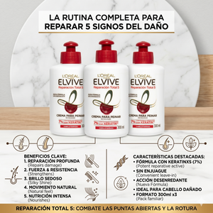 Elvive Pack 3 Crema para Peinar Reparación Total 5 (300ml c/u) - Reparación Integral y Protección Diaria