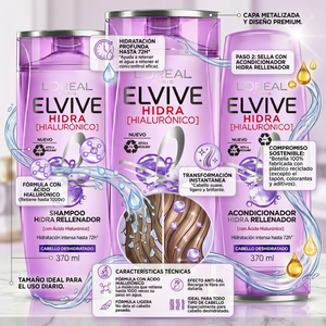 Elvive Pack 3 Shampoo Hidra Hialurónico (370ml c/u) - Hidratación Profunda 72h y Cabello Ligero