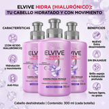 Elvive Pack 3 Crema para Peinar Hidra Hialurónico (300ml c/u) - Hidratación 72h y Control Frizz sin Pesadez