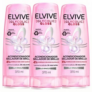 Elvive Pack 3 Acondicionador Glycolic Gloss (370ml c/u) - Desenredo Perfecto y Brillo Espejo