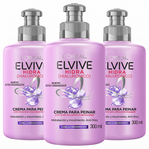 Elvive Pack 3 Crema para Peinar Hidra Hialurónico (300ml c/u) - Hidratación 72h y Control Frizz sin Pesadez