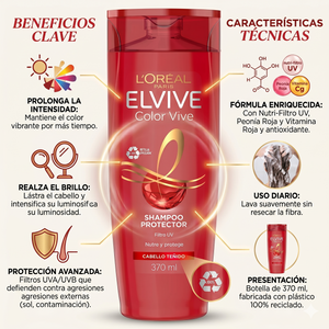 Elvive Pack 3 Shampoo Color Vive (370ml c/u) - Protección de Color con Filtro UV y Brillo Intenso