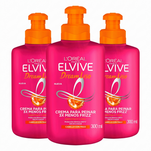 Elvive Pack 3 Crema para Peinar Dream Liso (300ml c/u) - Bloqueo de Humedad y Liso Sin Frizz 72h