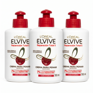 Elvive Pack 3 Crema para Peinar Reparación Total 5 (300ml c/u) - Reparación Integral y Protección Diaria