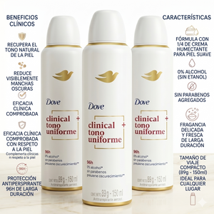 Dove Pack 3 Desodorante Clinical Spray Tono Uniforme (150ml c/u) - Máxima Protección y Recuperación del Tono Natural