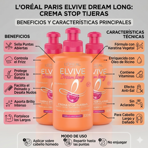 Elvive Pack 3 Crema para Peinar Dream Long (300ml c/u) - Sella Puntas y Protección Térmica