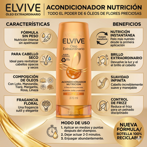 Elvive Pack 3 Acondicionador Óleo Extraordinario Nutrición (370ml c/u) - Desenredo Suave y Nutrición Profunda