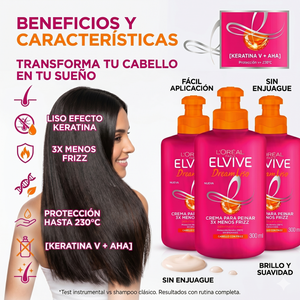 Elvive Pack 3 Crema para Peinar Dream Liso (300ml c/u) - Bloqueo de Humedad y Liso Sin Frizz 72h