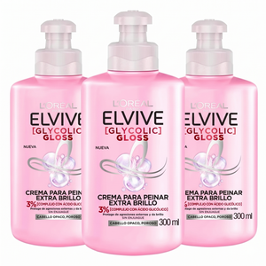Elvive Pack 3 Crema para Peinar Glycolic Gloss (300ml c/u) - Brillo Espejo y Control Frizz Prolongado
