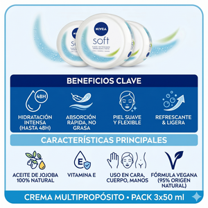 Nivea Pack 3 Crema Soft Rostro y Cuello (50ml c/u) - Hidratación Profunda y Rápida Absorción