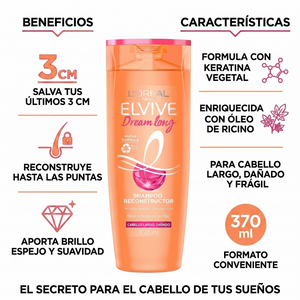 Elvive Pack 3 Shampoo Dream Long Reconstructor (370ml c/u) - Repara Largos y Sella Puntas Abiertas
