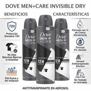 Dove Men+Care Pack 3 Desodorante Spray Invisible Dry (150ml c/u) - Protección Antimanchas y Cuidado Total