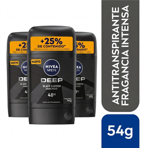 Nivea Men Pack 3 Desodorante en Barra Deep Carbón Activo (54g c/u) - Escudo Antibacteriano y Tacto Seco 48h